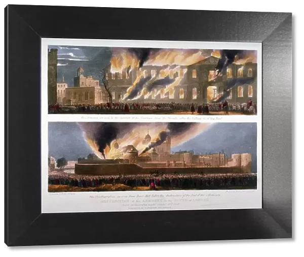 Two views of the destruction of the Armoury in the Tower of London by fire, 30 October 1841