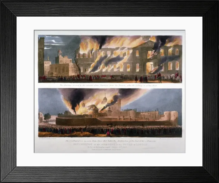 Framed Print : Two views of the destruction of the Armoury in the Tower of London by fire, 30 October 1841 Framed Print : Two views of the destruction of the Armoury in the Tower of London by fire, 30 October 1841