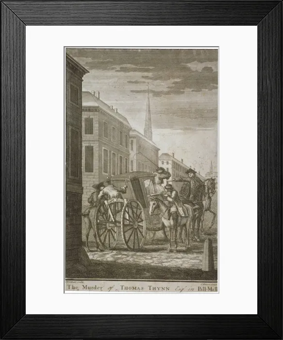 Framed Print : Scene of Thomas Thynnes murder in Pall Mall, Westminster, London, 1682 (c1775) Framed Print : Scene of Thomas Thynnes murder in Pall Mall, Westminster, London, 1682 (c1775)