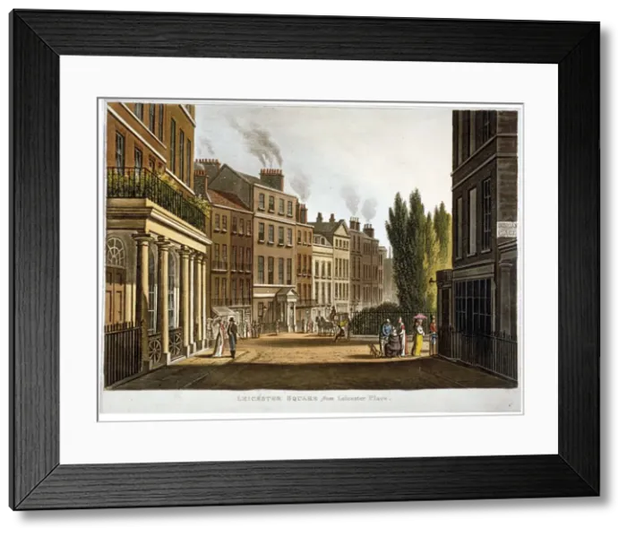 Framed Print : View of Leicester Square from Leicester Place with figures, London, c1815 Framed Print : View of Leicester Square from Leicester Place with figures, London, c1815
