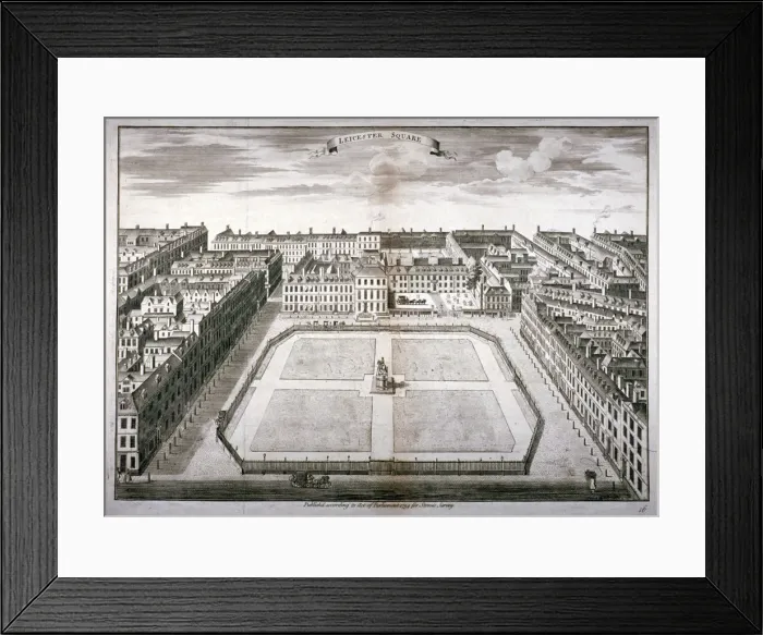 Framed Print : Aerial view of Leicester Square with carriages, Westminster, London, 1754. Artist Framed Print : Aerial view of Leicester Square with carriages, Westminster, London, 1754. Artist