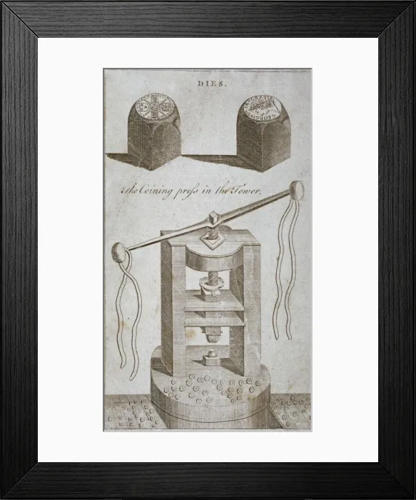 Framed Print : Coining press and dies from the Tower of London, 1800 Framed Print : Coining press and dies from the Tower of London, 1800