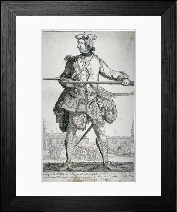 Framed Print : Samuel McPherson, Scottish soldier, 1743. Artist: George Bickham Framed Print : Samuel McPherson, Scottish soldier, 1743. Artist: George Bickham