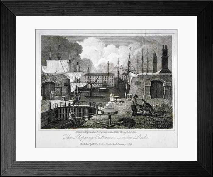 Framed Print : View of the shipping entrance to London Docks, Wapping, 1817. Artist: JC Varrall Framed Print : View of the shipping entrance to London Docks, Wapping, 1817. Artist: JC Varrall