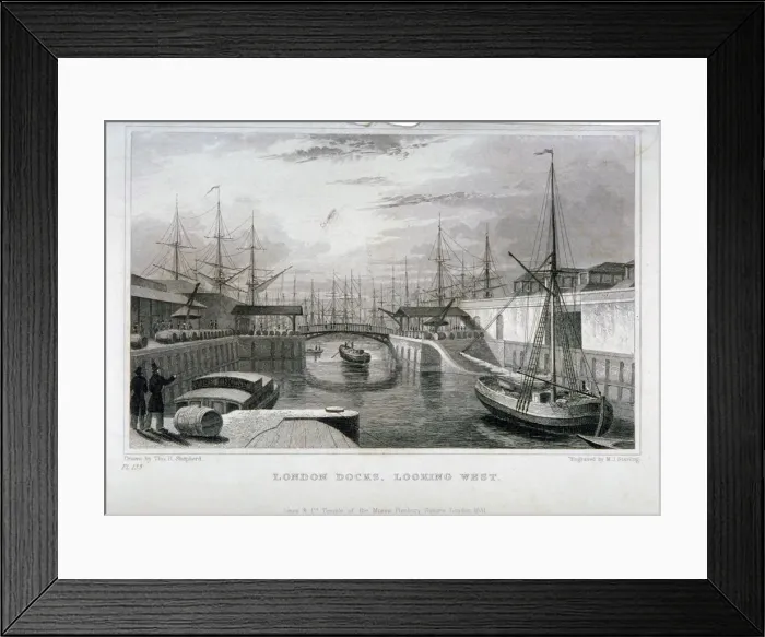 Framed Print : View of London Docks looking west, Wapping, 1831. Artist: MJ Starling Framed Print : View of London Docks looking west, Wapping, 1831. Artist: MJ Starling