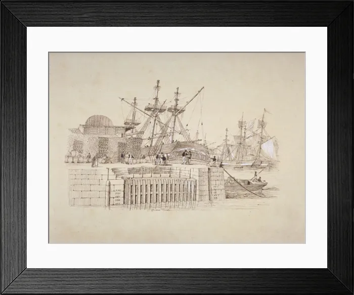 Framed Print : View of the Wapping entrance and south quay of London Docks, c1824. Artist: Henry Moses Framed Print : View of the Wapping entrance and south quay of London Docks, c1824. Artist: Henry Moses