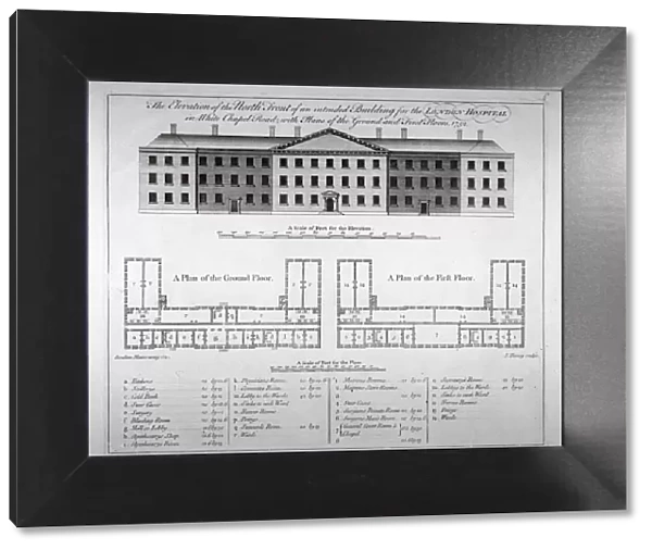 Elevation of the north front and plans of London Hospital, Whitechapel, London, 1752