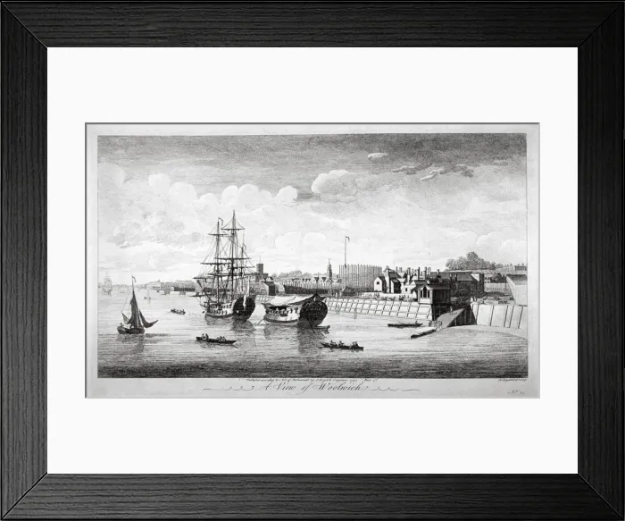 Framed Print : View of boats on the River Thames near Woolwich, Kent, 1750. Artist: John Boydell Framed Print : View of boats on the River Thames near Woolwich, Kent, 1750. Artist: John Boydell
