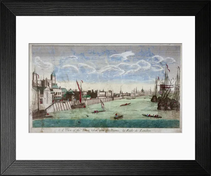 Framed Print : View of the Tower of London with boats on the River Thames, 1751. Artist: John Boydell Framed Print : View of the Tower of London with boats on the River Thames, 1751. Artist: John Boydell