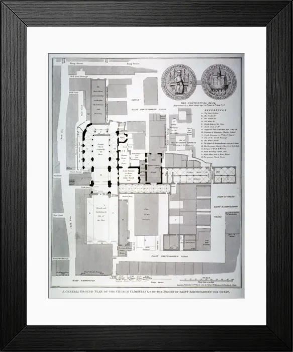 Framed Print : Ground plan of St Bartholomews Priory, Smithfield, City of London, 1821 Framed Print : Ground plan of St Bartholomews Priory, Smithfield, City of London, 1821