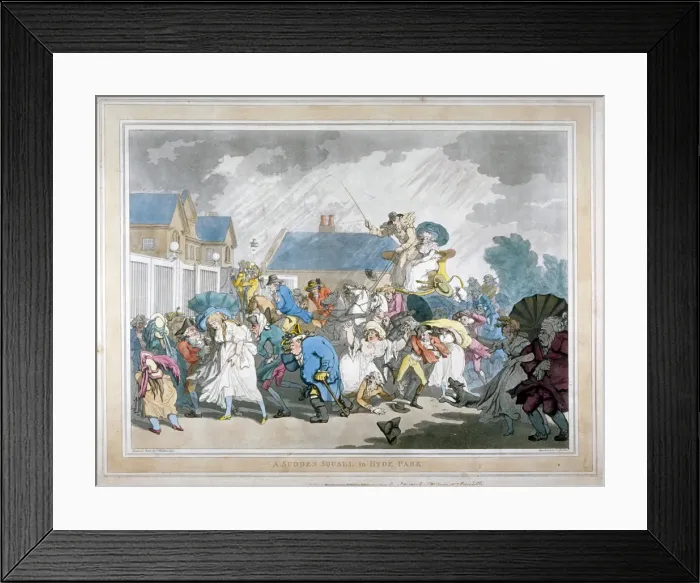 Framed Print : A Sudden Squall in Hyde Park, London, 1791. Artist: Thomas Rowlandson Framed Print : A Sudden Squall in Hyde Park, London, 1791. Artist: Thomas Rowlandson