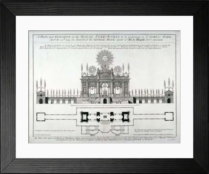 Framed Print : Plan and elevation of the royal fireworks to be performed in St Jamess Park, London, 1749 Framed Print : Plan and elevation of the royal fireworks to be performed in St Jamess Park, London, 1749