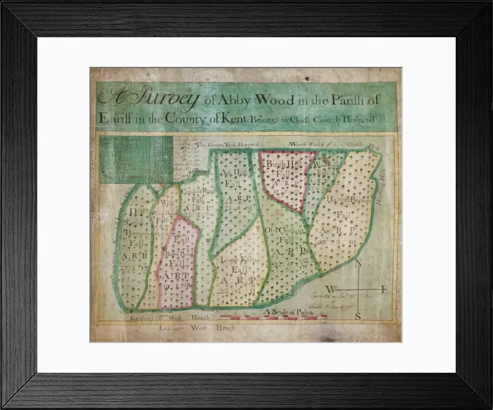 Framed Print : Map of Abbey Wood, part of Erith or Lesnes Manor on the eastern boundary of Woolwich, Kent, 1791 Framed Print : Map of Abbey Wood, part of Erith or Lesnes Manor on the eastern boundary of Woolwich, Kent, 1791