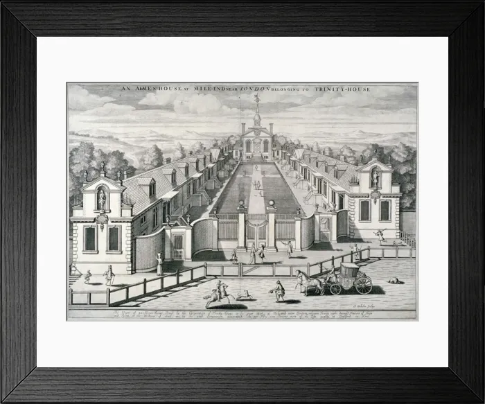 Framed Print : Trinity Almshouses, Mile End Road, Stepney, London, 1696. Artist: Simon Gribelin Framed Print : Trinity Almshouses, Mile End Road, Stepney, London, 1696. Artist: Simon Gribelin