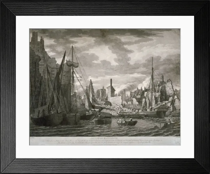 Framed Print : View of the Ratcliffe area, London, showing the ruins after the fire of 23 July, 1794 Framed Print : View of the Ratcliffe area, London, showing the ruins after the fire of 23 July, 1794