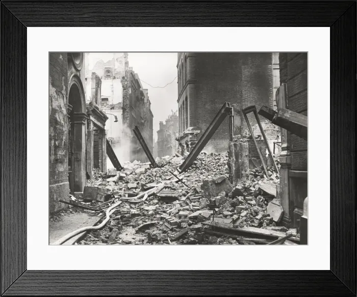Framed Print : View looking south down Walbrook after an air raid, City of London, World War II, 1941 Framed Print : View looking south down Walbrook after an air raid, City of London, World War II, 1941