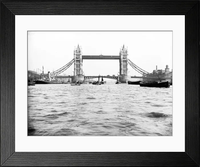 Framed Print : Tower Bridge with bascules closed and barges passing under at high water, London, c1905 Framed Print : Tower Bridge with bascules closed and barges passing under at high water, London, c1905