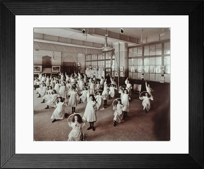 Framed Print : Girls with hoops, Lavender Hill Girls School, Bermondsey, London, 1906 Framed Print : Girls with hoops, Lavender Hill Girls School, Bermondsey, London, 1906