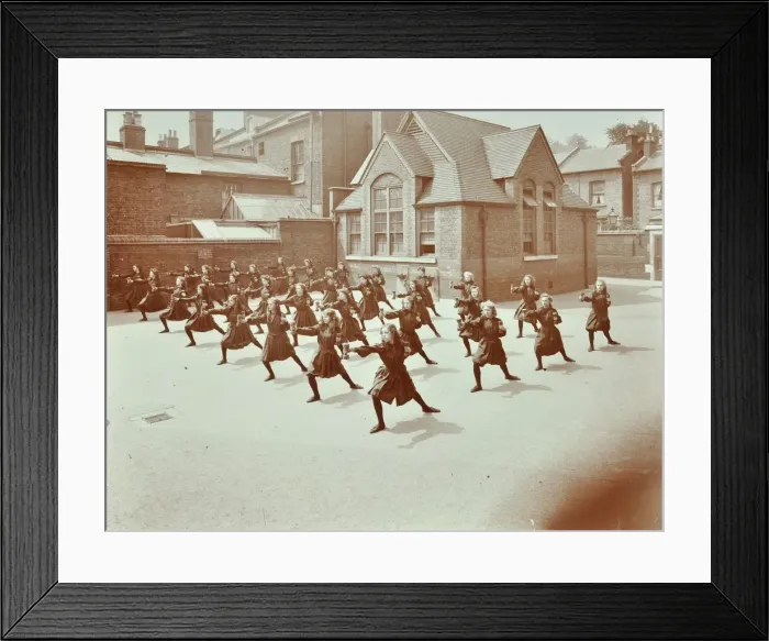 Framed Print : Girls doing drill in the playground, Wilton Road School, London, 1907 Framed Print : Girls doing drill in the playground, Wilton Road School, London, 1907