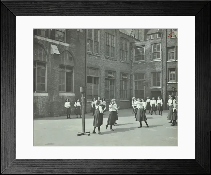 Framed Print : Girls playing netball in the playground, William Street Girls School, London, 1908 Framed Print : Girls playing netball in the playground, William Street Girls School, London, 1908