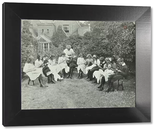 Pupils in the garden doing needlework, Birley House Open Air School, Forest Hill, London, 1908