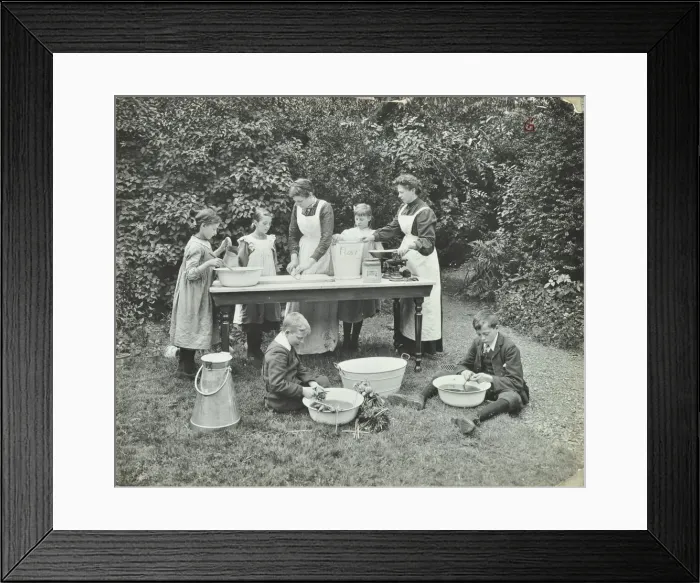 Framed Print : Pupils preparing food outdoors, Birley House Open Air School, Forest Hill, London, 1908 Framed Print : Pupils preparing food outdoors, Birley House Open Air School, Forest Hill, London, 1908
