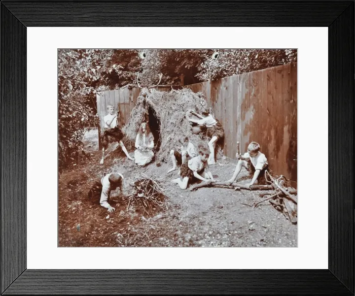 Framed Print : Children dressed as prehistoric cave dwellers, Birley House Open Air School, London, 1908 Framed Print : Children dressed as prehistoric cave dwellers, Birley House Open Air School, London, 1908