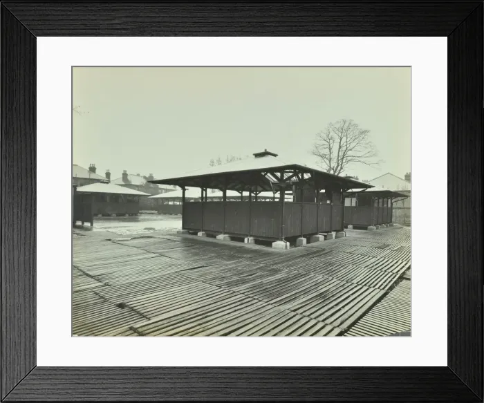 Framed Print : Open sided class sheds, Brent Knoll Open Air School, Forest Hill, London, 1928 Framed Print : Open sided class sheds, Brent Knoll Open Air School, Forest Hill, London, 1928