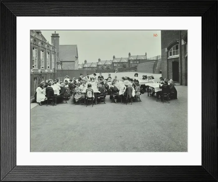 Framed Print : Children eating dinner at tables in the playground, Shrewsbury House Open Air School, London, 1908 Framed Print : Children eating dinner at tables in the playground, Shrewsbury House Open Air School, London, 1908