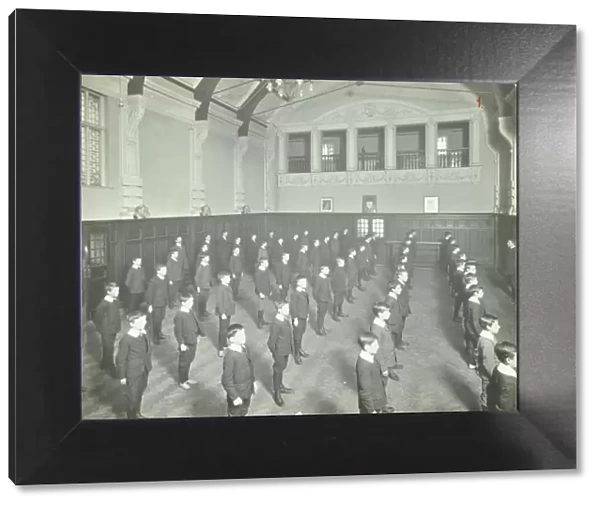 Boys lined up in the assembly hall, Beaufoy Institute, London, 1911
