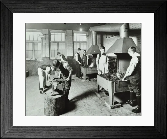 Framed Print : Boys using forges in a blacksmiths shop, Beaufoy Institute, London, 1911 Framed Print : Boys using forges in a blacksmiths shop, Beaufoy Institute, London, 1911