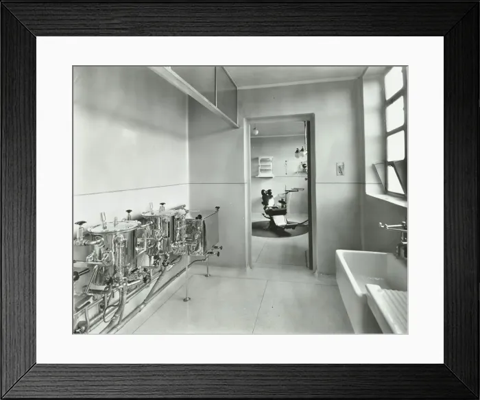 Framed Print : Sterilizing and dental theatre, Saint Ebbas Hospital, Surrey, 1938 Framed Print : Sterilizing and dental theatre, Saint Ebbas Hospital, Surrey, 1938