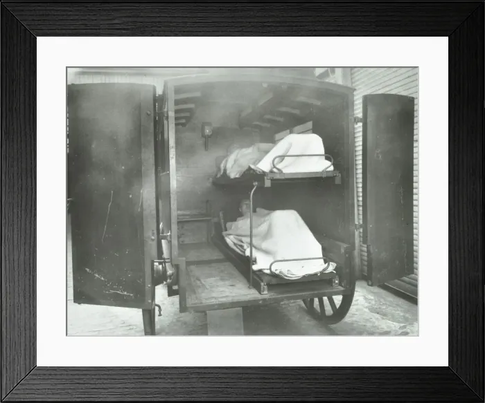 Framed Print : Interior of a horse drawn Metropolitan Asylums Board ambulance, London, 1939 Framed Print : Interior of a horse drawn Metropolitan Asylums Board ambulance, London, 1939