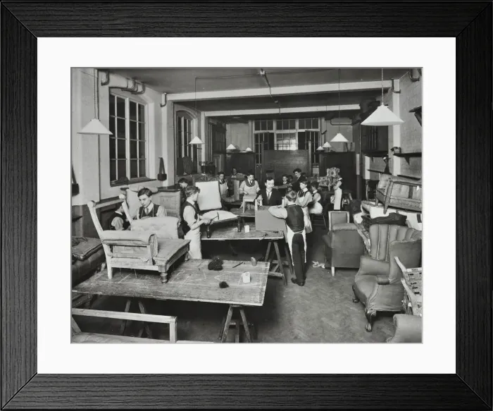 Framed Print : Male upholstery students, Shoreditch Technical Institute, London, 1914 Framed Print : Male upholstery students, Shoreditch Technical Institute, London, 1914