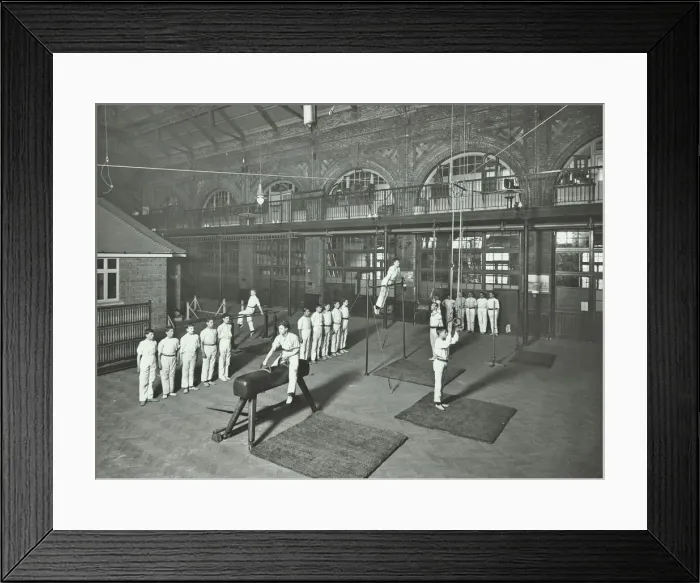 Framed Print : Gymnastics by male students, School of Building, Brixton, London, 1914 Framed Print : Gymnastics by male students, School of Building, Brixton, London, 1914