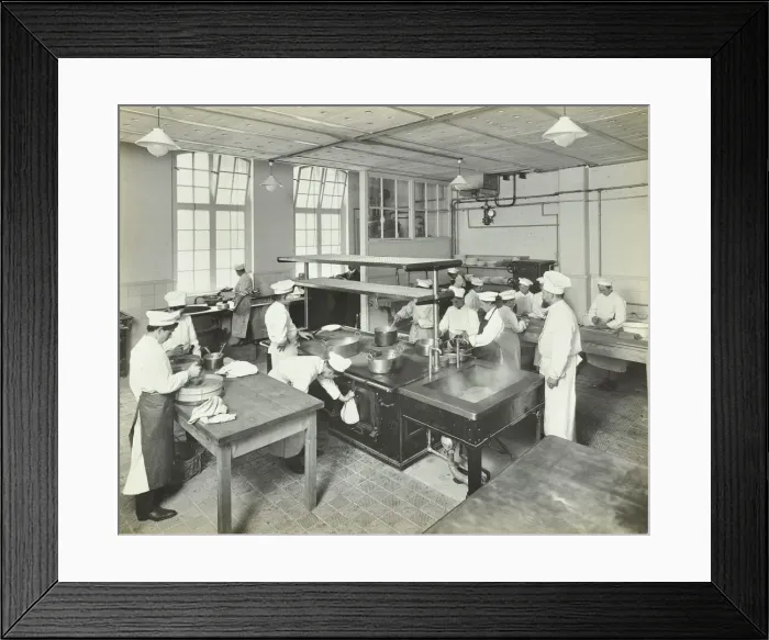 Framed Print : Male cookery students at work in the kitchen, Westminster Technical Institute, London, 1910 Framed Print : Male cookery students at work in the kitchen, Westminster Technical Institute, London, 1910