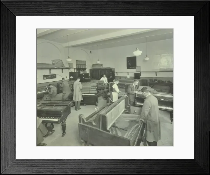 Framed Print : Piano repairing class, Northern Polytechnic, London, 1930 Framed Print : Piano repairing class, Northern Polytechnic, London, 1930