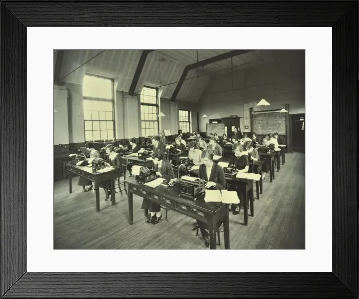 Framed Print : Typewriting class, Bow and Bromley Commercial Institute, London, 1924