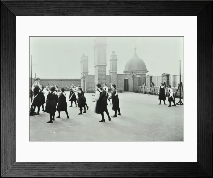 Framed Print : Playing netball, Myrdle Street Girls School, Stepney, London, 1908 Framed Print : Playing netball, Myrdle Street Girls School, Stepney, London, 1908