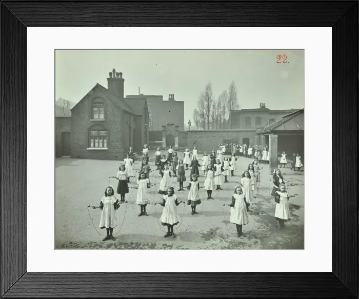 Framed Print : Girls skipping, Rushmore Road Girls School, Hackney, 1908 Framed Print : Girls skipping, Rushmore Road Girls School, Hackney, 1908