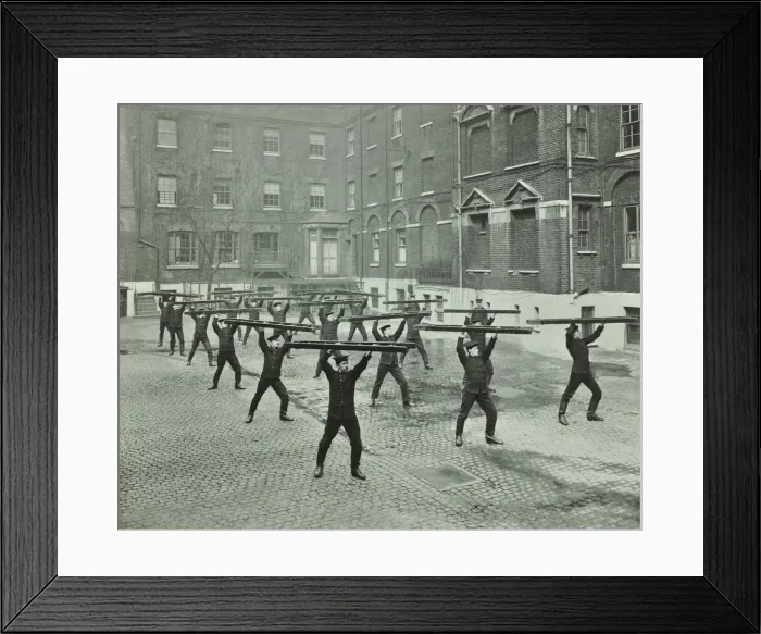 Framed Print : Firemen carrying out scaling ladder drill, London Fire Brigade Headquarters, 1910 Framed Print : Firemen carrying out scaling ladder drill, London Fire Brigade Headquarters, 1910