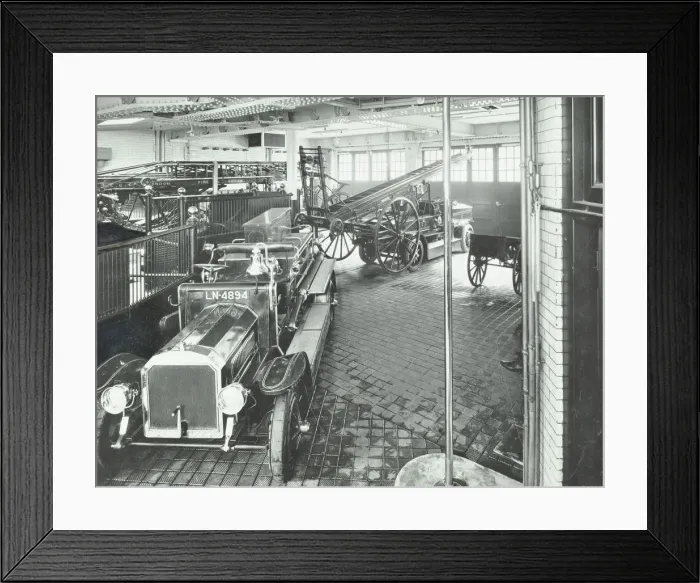 Framed Print : Fire engines and equipment at Cannon Street Fire Station, City of London, 1913 Framed Print : Fire engines and equipment at Cannon Street Fire Station, City of London, 1913