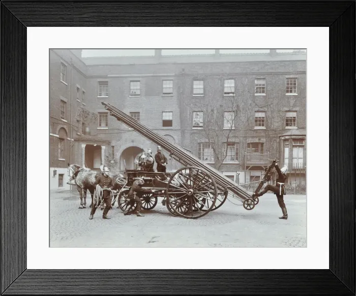 Framed Print : Firemen demonstrating a horse-drawm escape vehicle, London Fire Brigade Headquarters, London, 1910 Framed Print : Firemen demonstrating a horse-drawm escape vehicle, London Fire Brigade Headquarters, London, 1910