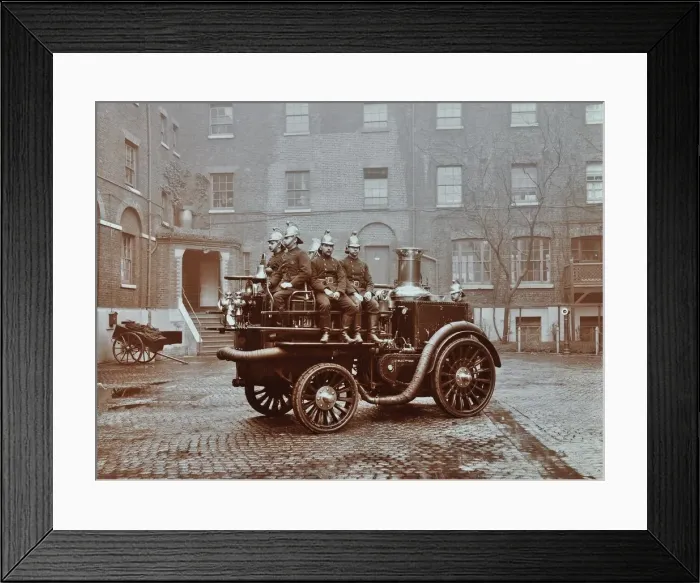 Framed Print : Firemen aboard a motor steamer, London Fire Brigade Headquarters, London, 1909 Framed Print : Firemen aboard a motor steamer, London Fire Brigade Headquarters, London, 1909