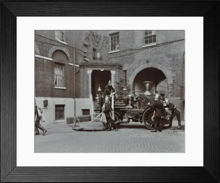 Framed Print : Firemen demonstrating motor steamer hoses, London Fire Brigade Headquarters, London, 1910 Framed Print : Firemen demonstrating motor steamer hoses, London Fire Brigade Headquarters, London, 1910