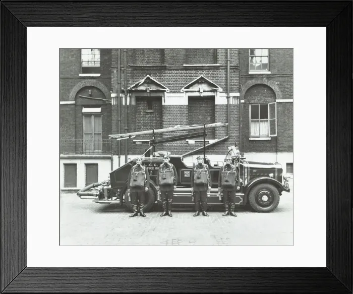 Framed Print : Crew in breathing apparatus, London Fire Brigade Headquarters, London, 1934