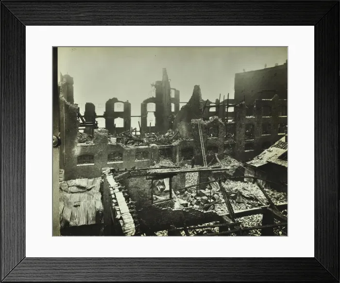Framed Print : Burnt-out building, Concordia Wharf, Poplar, London, 1924 Framed Print : Burnt-out building, Concordia Wharf, Poplar, London, 1924