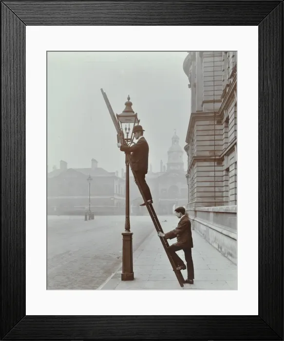 Framed Print : Testing gas pressure in street lighting, Westminster, London, 1910 Framed Print : Testing gas pressure in street lighting, Westminster, London, 1910