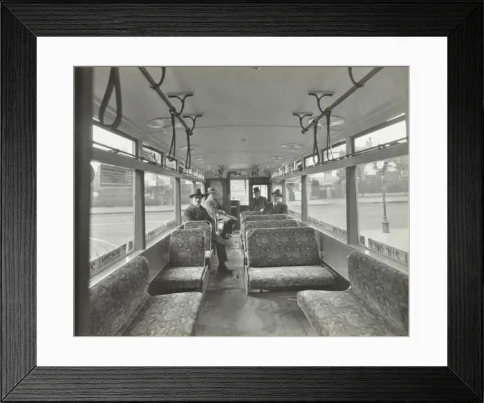 Framed Print : Men in hats and coats in the interior of an electric tram, London, 1933 Framed Print : Men in hats and coats in the interior of an electric tram, London, 1933