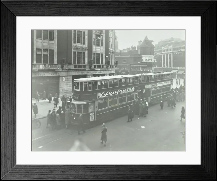 Framed Print : Electric trams at Victoria Terminus, London, 1932 Framed Print : Electric trams at Victoria Terminus, London, 1932